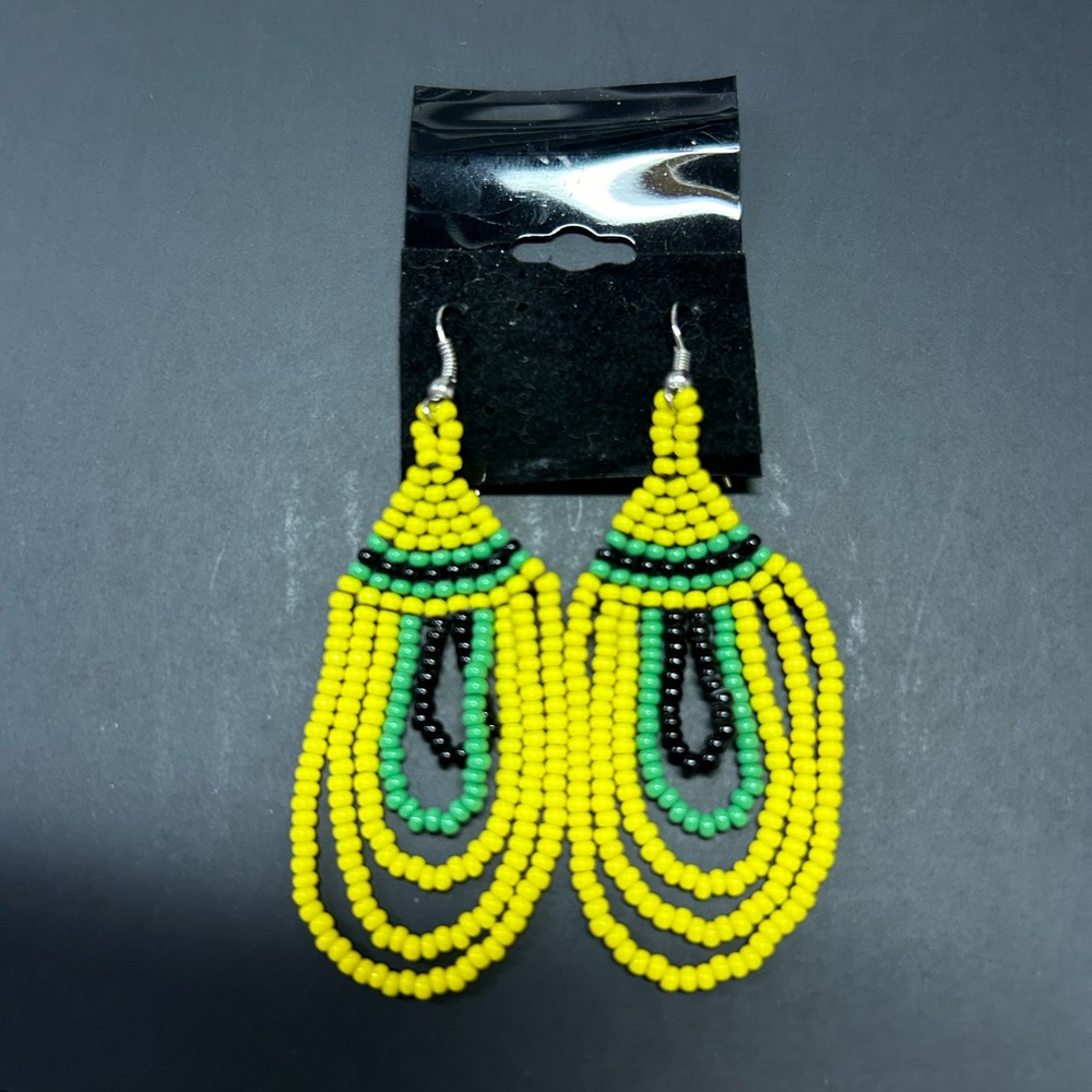 Yellow and Green Beaded Earrings Pow Wow